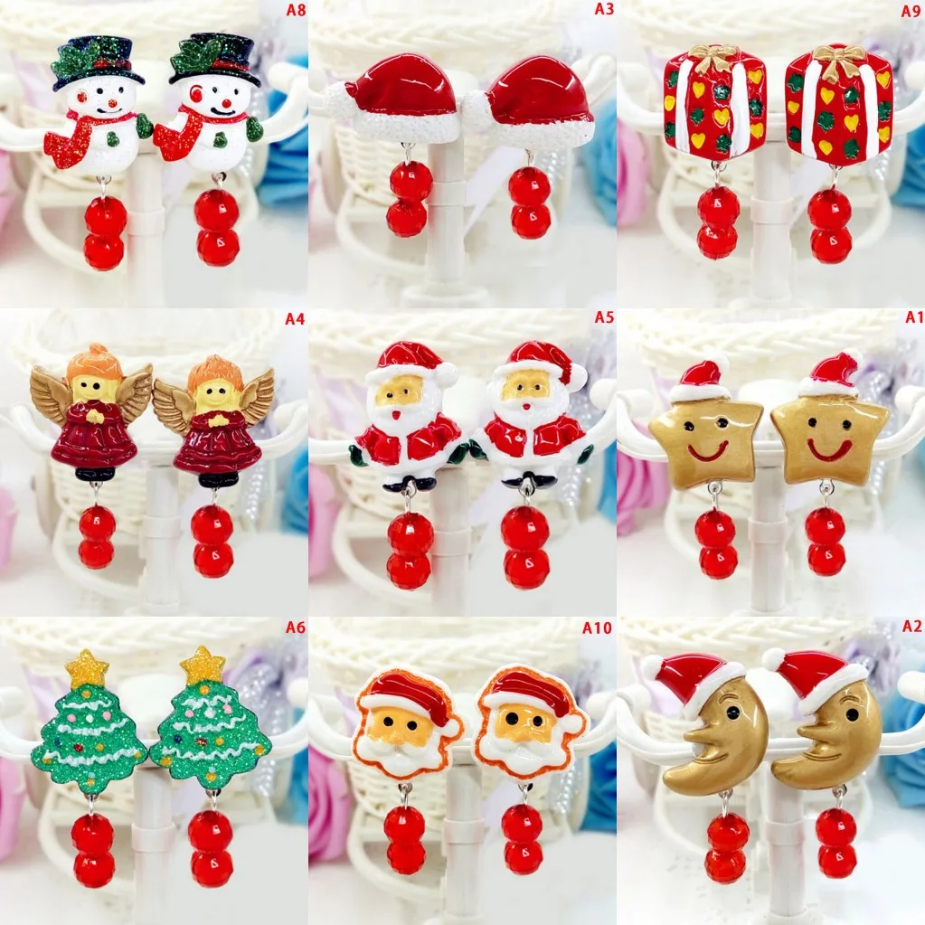 

HWetR 10 Styles Female Christmas Earrings Clip Painless Jewerly New Yaer Red Santa Claus Xmas Tree Snowman Hat Acrylic Ear Clips