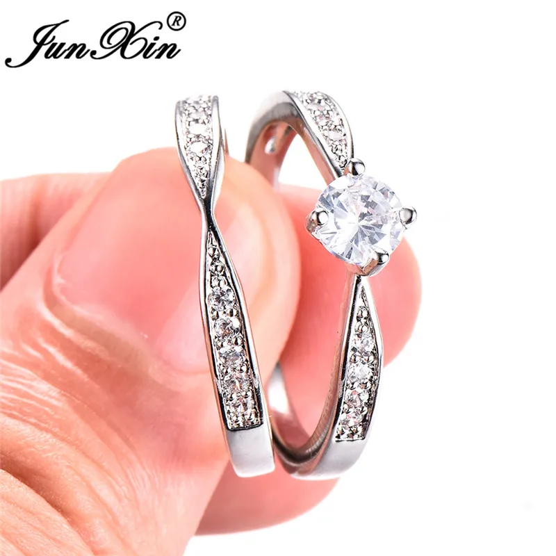 

JUNXIN 5MM Round Cut White Stone Ring Sets For Women 925 Sterling Silver Filled Zircon Double Ring Bridal Engagement Jewelry