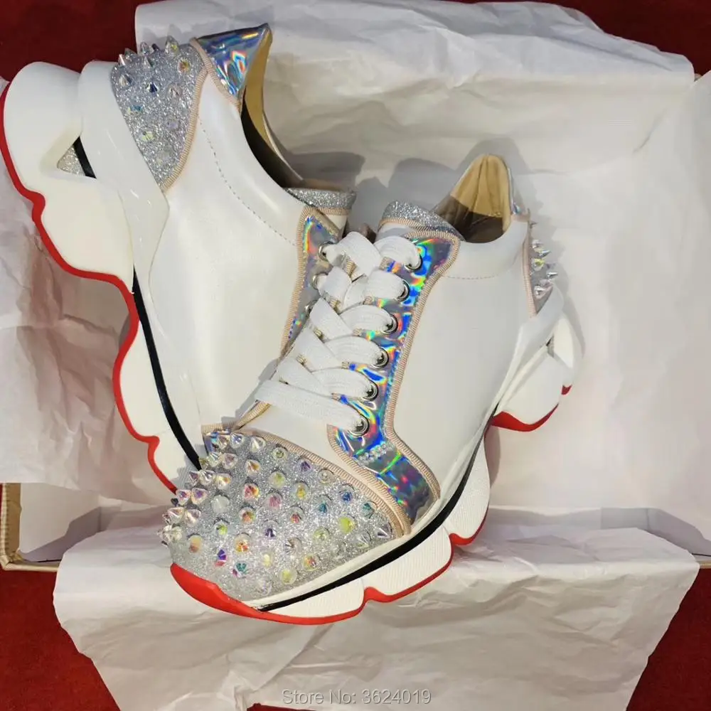 

Low heel shoe cl andgz Lace Up White Pearl Rivet lace Red bottoms For Men Sports Shoes Sneakers Cow leather casual Loafers Flat