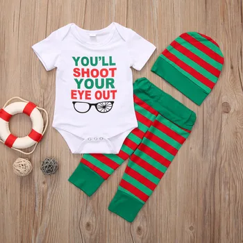 

3PCS Baby Set Summer Baby Boys Girls Short Sleeve Letter White Cotton Romper+Green Striped Pants+Hat Baby Outfits Clothes