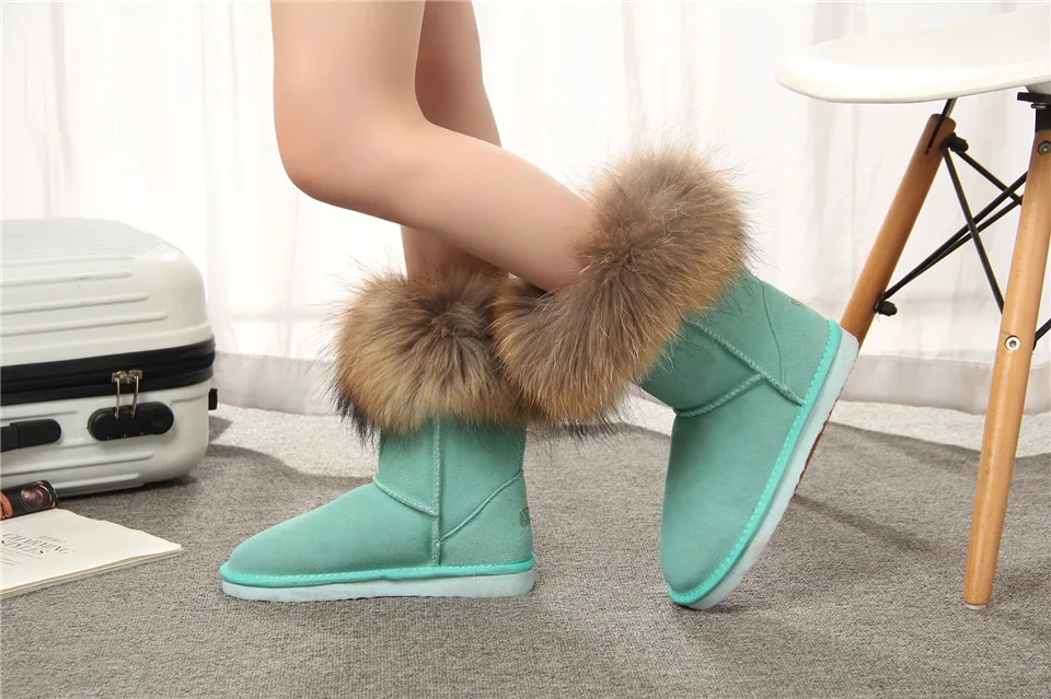 MBR FORCE Fashion Women's Natural Real fox Fur Snow Boots Genuine Cow Leather women Boots Female Warm Winter Boots Shoes