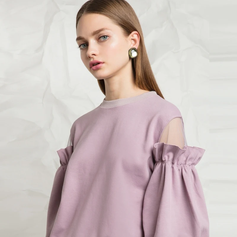 HYH HAOYIHUI Women Sweet Solid Color Sweater Frill Lantern Sleeve Round Neck Sleeve Cute Shoulder Net Contrast Sweater