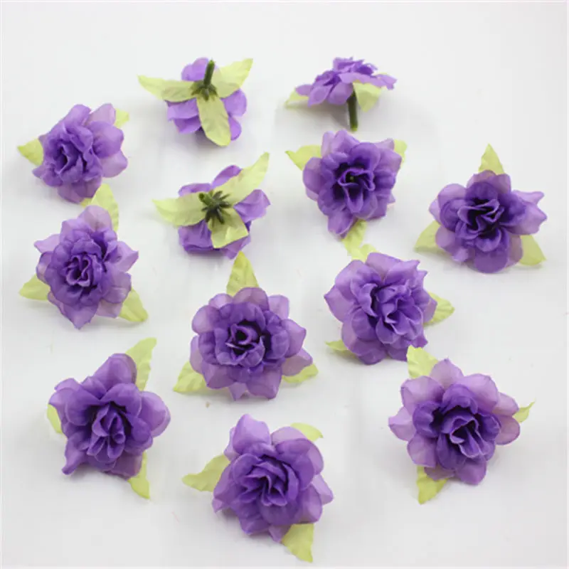 Маленький цветок розы, цветок с головками, 10 шт., имитация шелковой ткани, заколка для волос, венок, шелковые цветы, розы, свадебные цветы, 4,5 см - Цвет: Deep purple