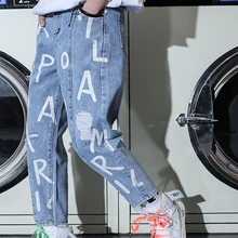 Корейская женская/Мужская Уличная одежда, винтажный принт с английскими буквами, свободные джинсовые рваные шаровары, джинсовые штаны размера плюс, высокая талия, тонкие джинсы в стиле хип-хоп