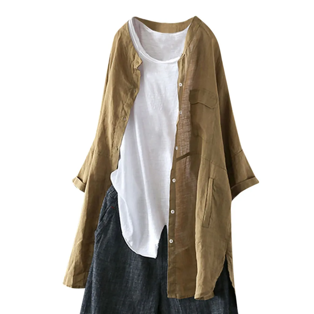 

Cardigan Patchwork Blouse Tops Woman 2019 New Fashion Button With Pocket Tunic Shirt Casual Long Sleeve Blouse Top#32