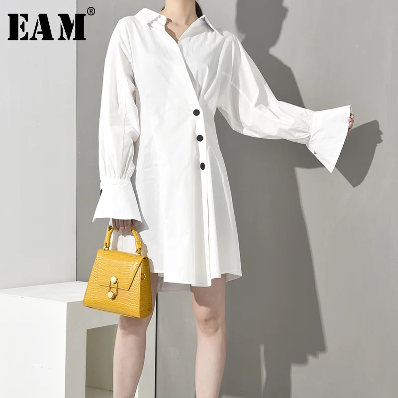 

[EAM] 2019 New Autumn Winter Lapel Long Sleeve White Button Back Button Split Joint Temperament Shirt Dress Women Fashion WF0430