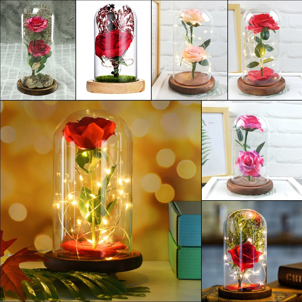 

Beauty and the Beast Rose Lamp Full Kit Red Silk Rose and Led Light with Fallen Petals in Glass Dome for Valentine's Gift#10
