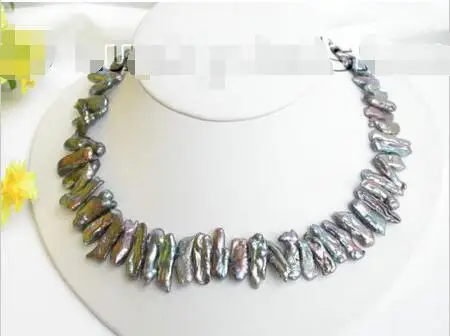 

FREE SHIPPING HOT sell new Style >>>>> Genuine baroque biwa black pearl necklace 18KGP clasp