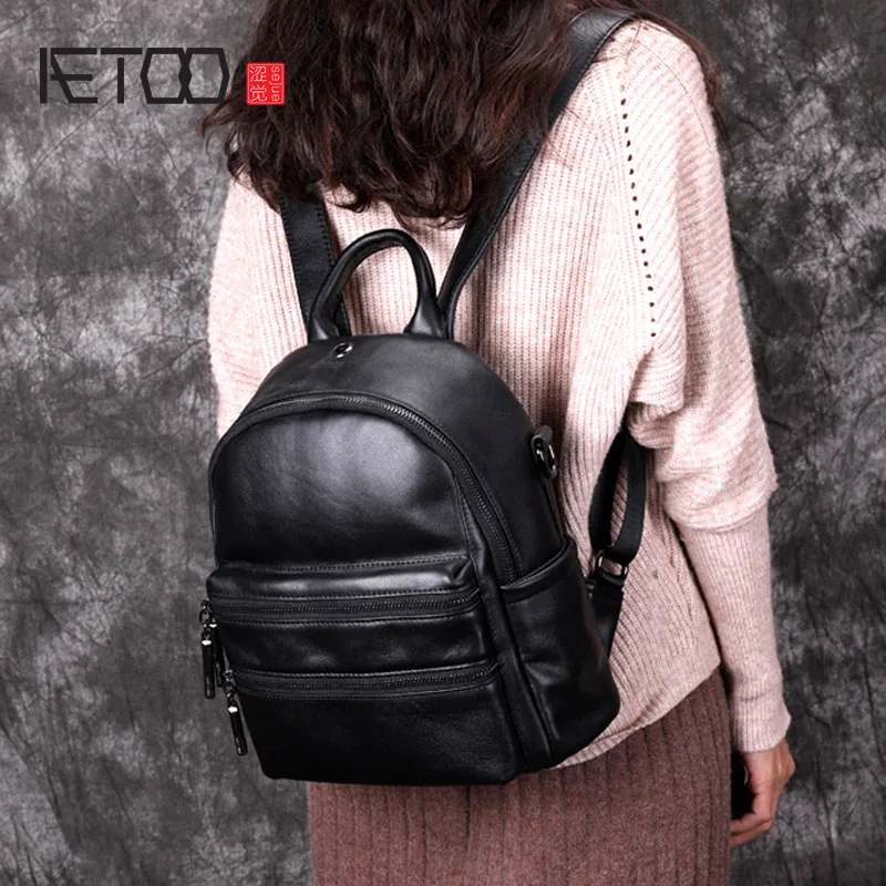 

AETOO Backpack new original design leather handmade personality multi-zipper layer cowhide backpack shoulder bag
