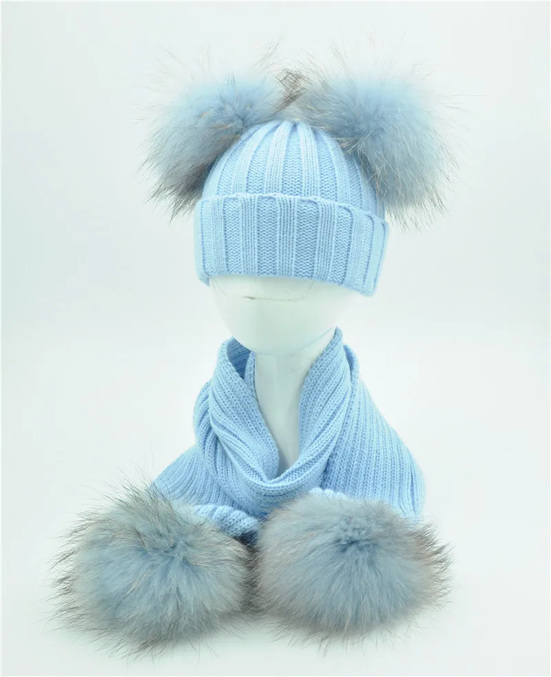 Bonnet et Écharpe Double Pom Pom de fourrure, Bonnets Enfants d'hiver