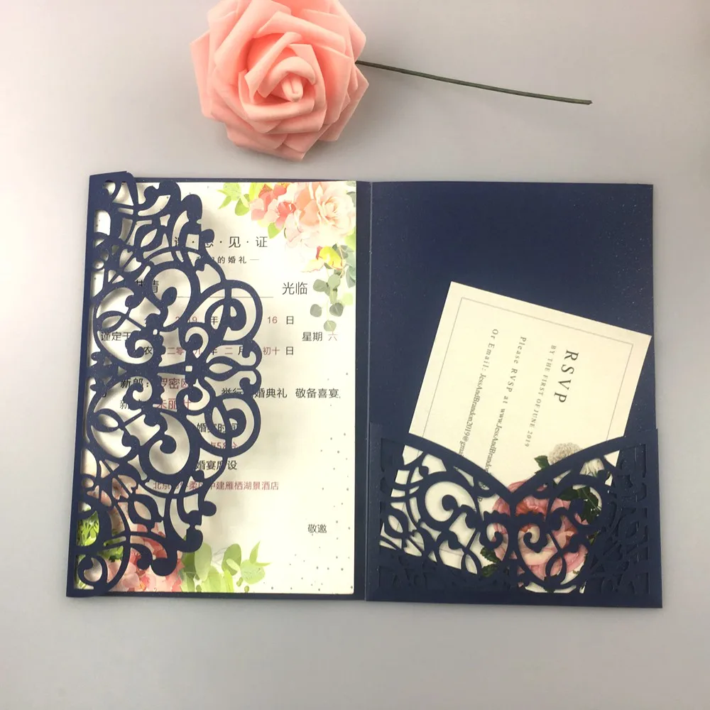 

1pcs Gray Gold Tiffany Navy Blue Vine Vantage Tri-fold Shinny Glitter Paper Laser Cut Pocket Wedding Invitation Cards Envelope