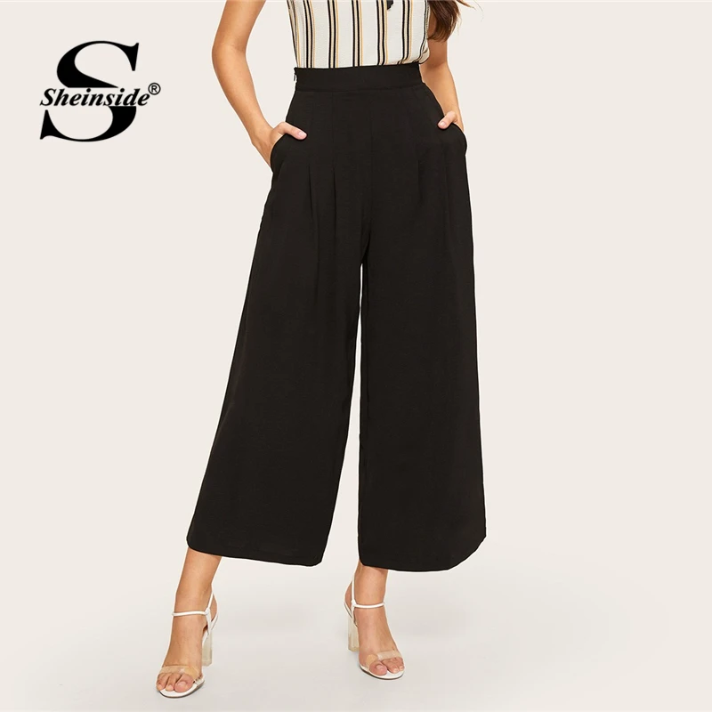 

Sheinside Elegant Black Mid Waist Wide Leg Pants Women 2019 Spring Side Slant Zipper Pants Office Ladies Workwear Crop Trousers