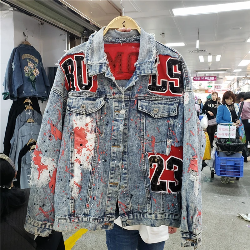 discount  Spring Graffiti printed sequins Denim Coat Long Sleeve Pearl Loose Harajuku BF Jeans Jacket Holes O