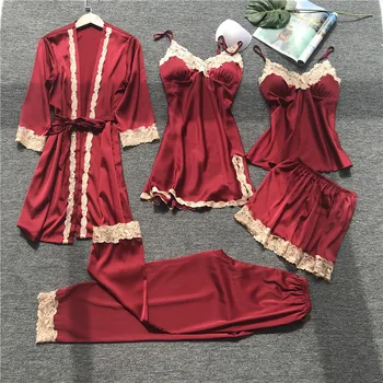 

Pajamas Set for Women Elegant 5PCS Sleepwear Brand Female Sexy Lingerie Lace Top Silk Pajamas Set pyjama femme