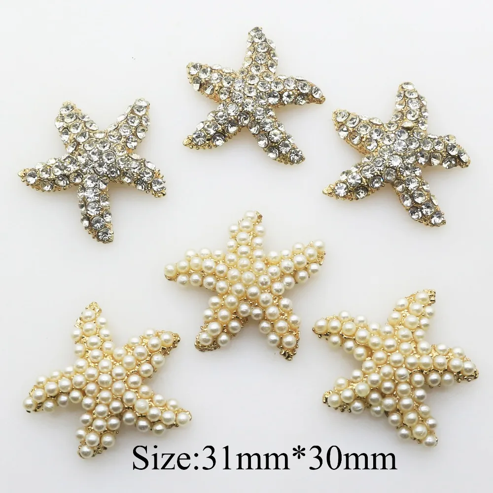 

30mm 5Pcs/lot Starfish Pearl Crystal Rhinestone buttons Metal Embellishment Flat back rose gold plating Girl Diy hiar accessory