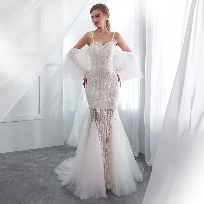 Mermaid Evening Dresses Long forFormal wedding party Elegant white open back prom gowns Evening Dresses tulle vestido de noiva Mermaid Evening Dresses Long forFormal wedding party Elegant white open back prom gowns Evening Dresses tulle vestido de noiva