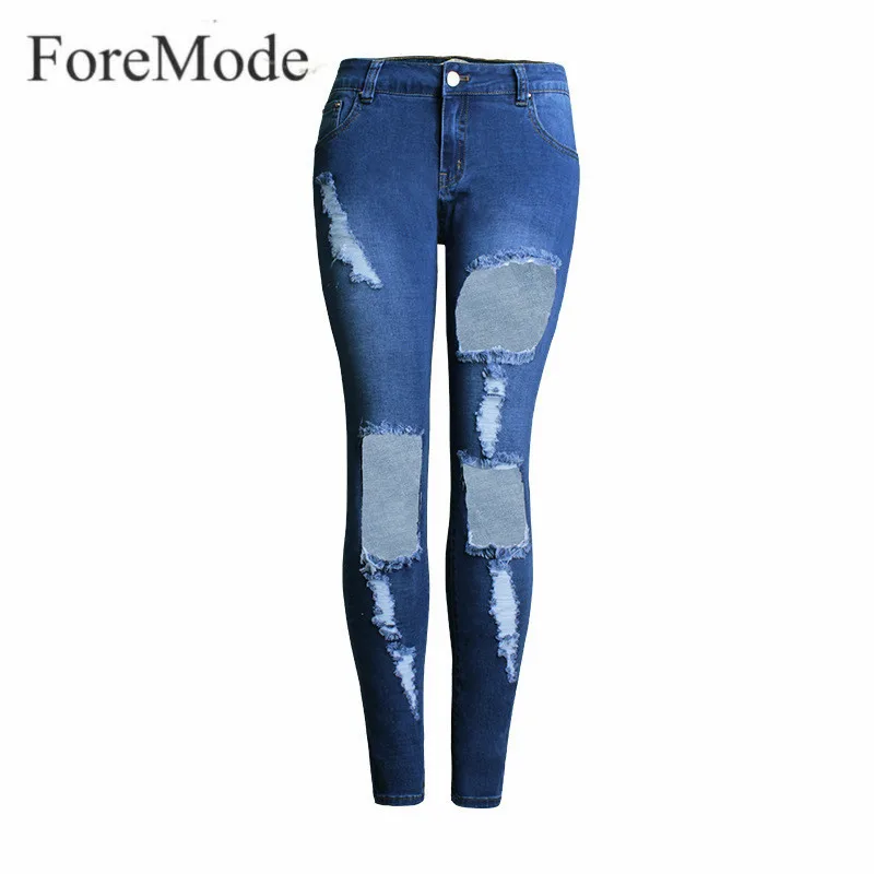 

ForeMode Women Fashion Denim Jeans Vintage Slim Pencil Jeans Ripped Hole Skinny Denim Pants Spring Summer Trousers