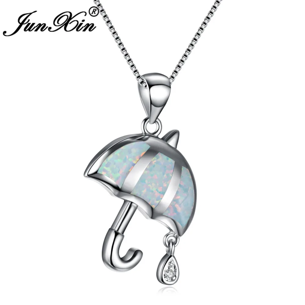 

JUNXIN Unique Umbrella Design 925 Sterling Silver Filled Necklace For Women Round Crystal White/Blue Fire Opal Pendants NL0130