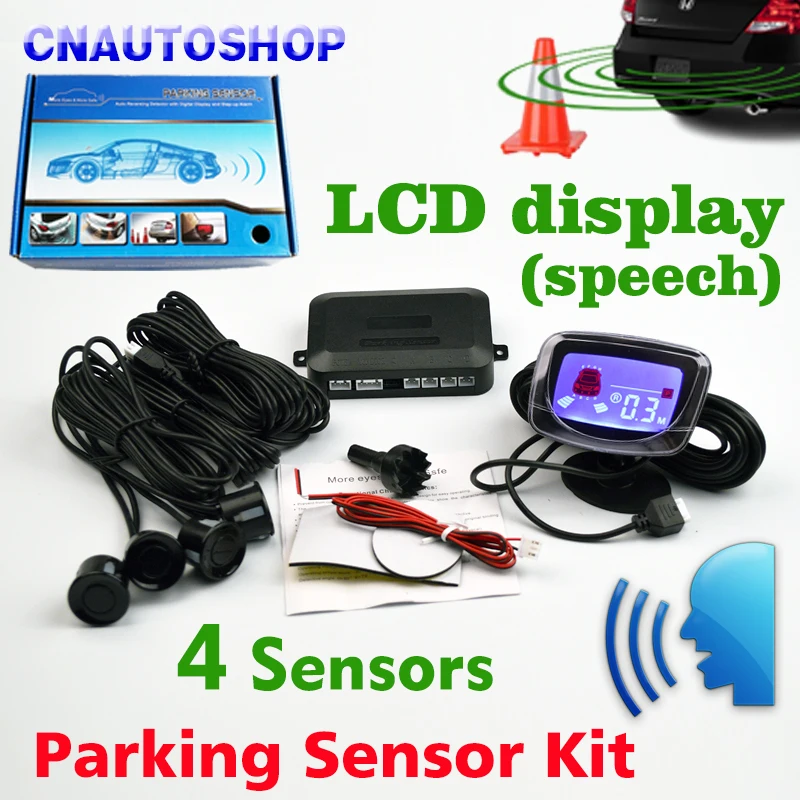

Viecar Retail Box 4 Sensors English Human Voice LCD Parking Sensor Kit Real Person Speech 22mm Car Reverse Radar System