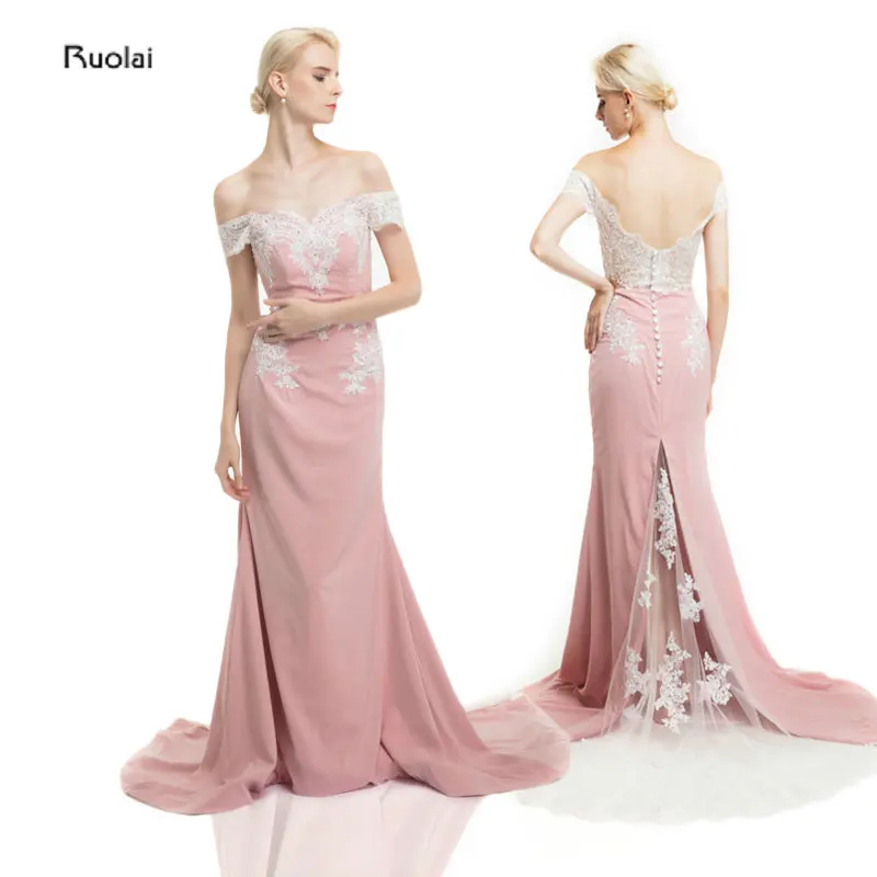 

Lace Appliques Evening Dress 2017 Long Mermaid Evening Gown Off the Shoulder Chiffon Evening Party Dress Prom Dresses Low Back