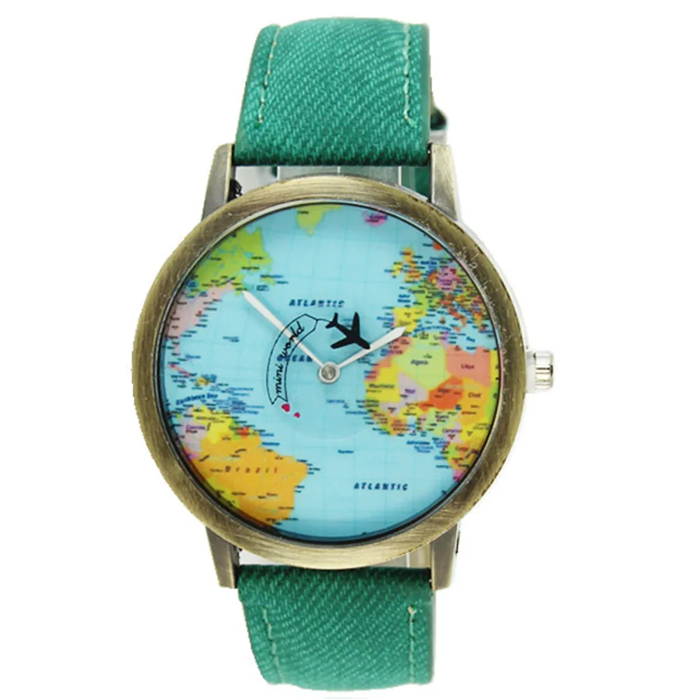 Женские часы с бронзовым циферблатом, Карта мира, летные часы-самолет, мир путешествий, джинсовый ремешок, кварцевые часы, женские наручные часы, подарки