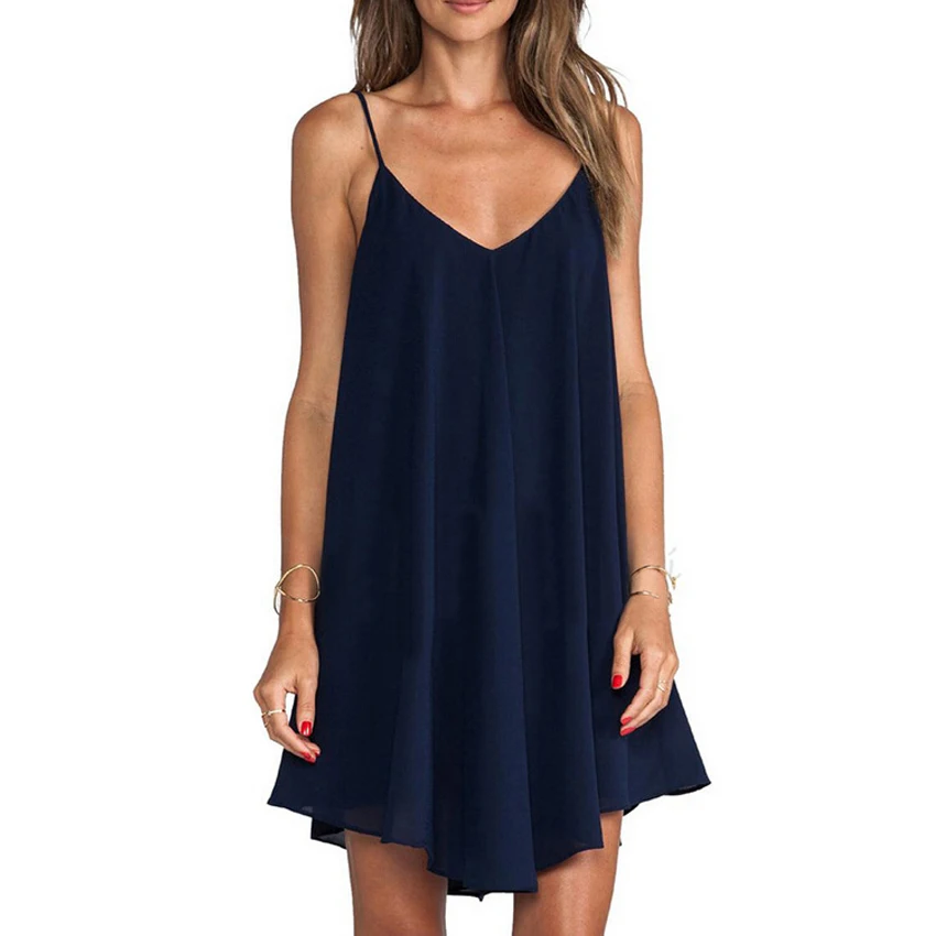 Сексуальное женское летнее шифоновое кружевное платье с v-образным вырезом без рукавов, женское свободное платье 6XL - Цвет: Тёмно-синий