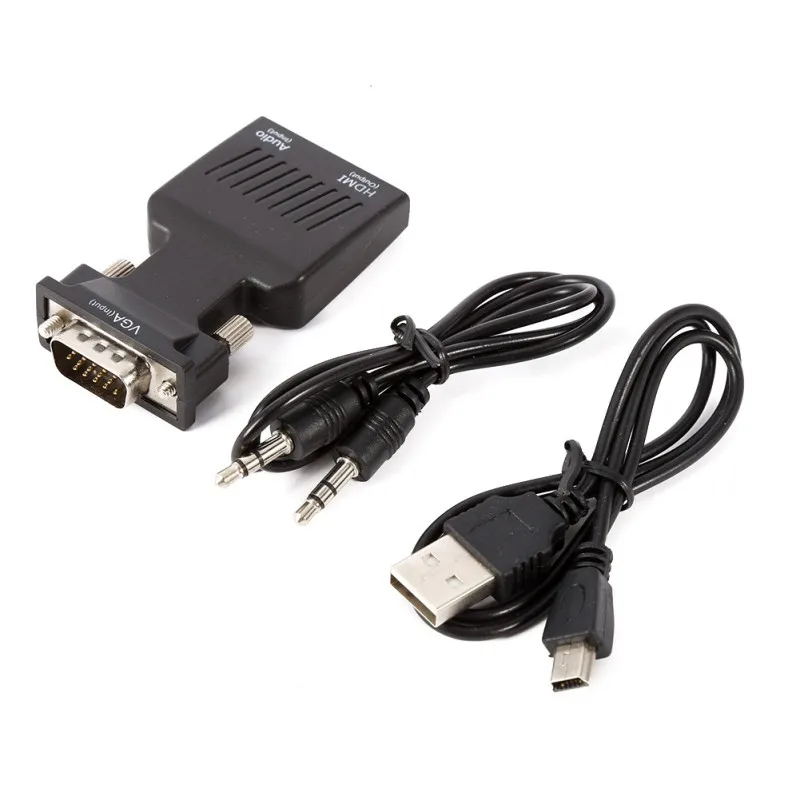 

1080P VGA to HDMI Converter Adapter Box Audio Port VGA Extension Cable with Mini USB Power Cable 3.5mm Audio Cable