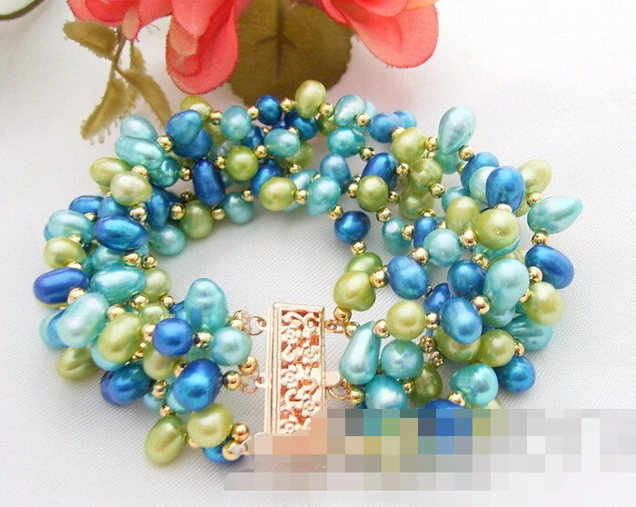 

free shipping 01507 6Strds Blue&Green Pearl Bracelet