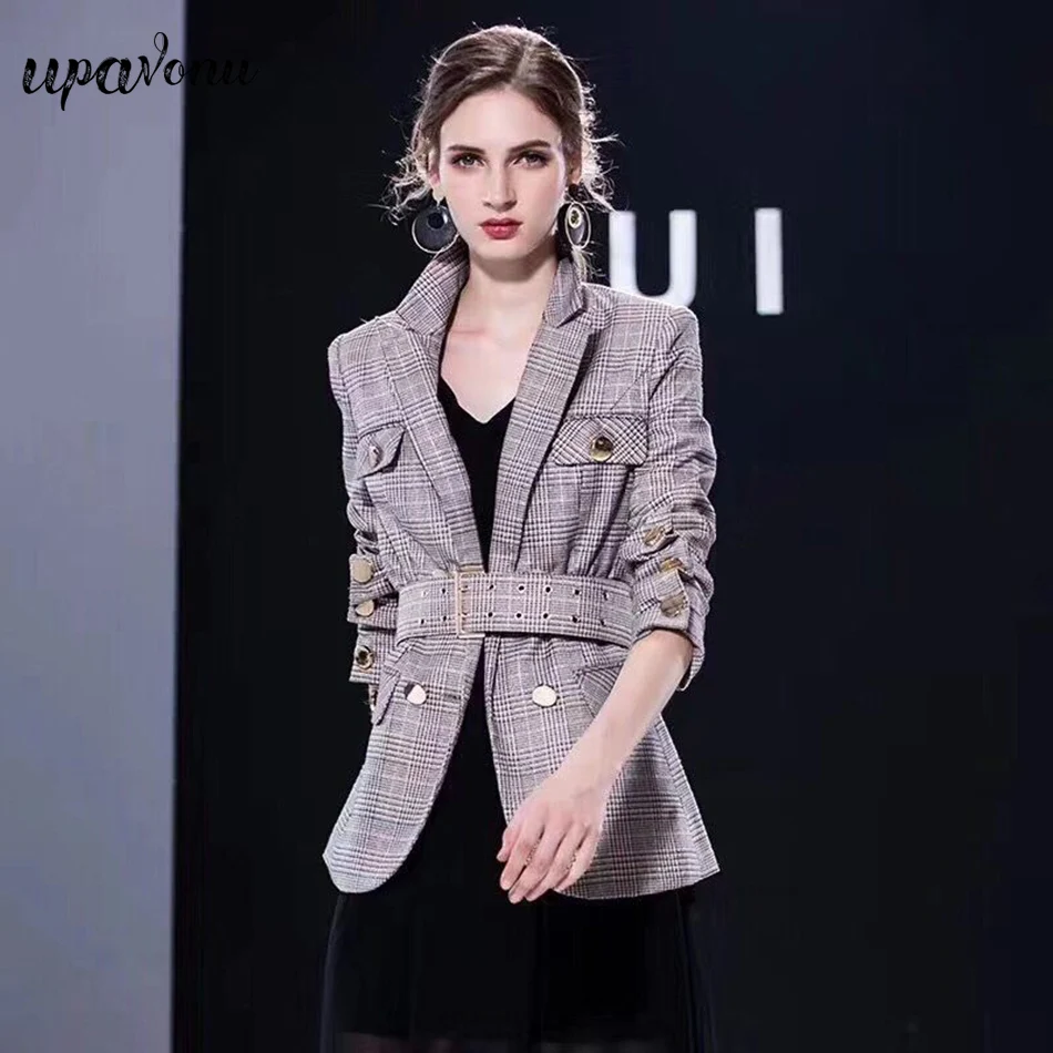 

2019 new casual button with waist bandwidth loose pocket women's suit jacket elegant fashion quality plaid casual jacket