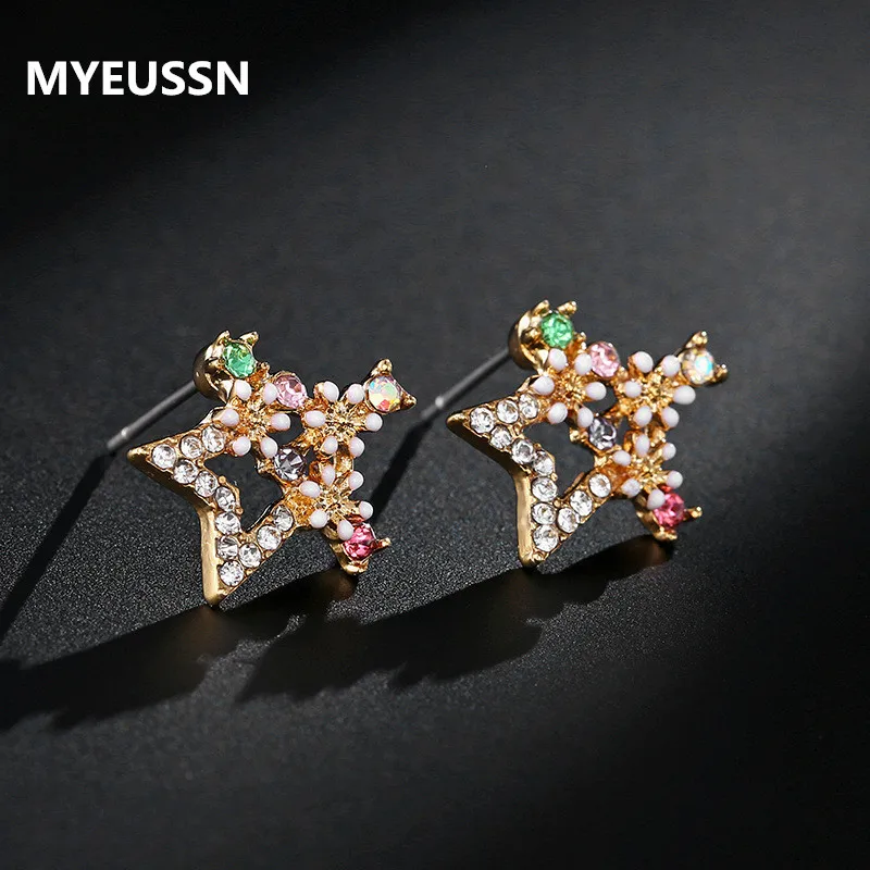 

Women's fashion earrings rhinestone flower zircon Irregular five-pointed star flash small cute rosegold earrings