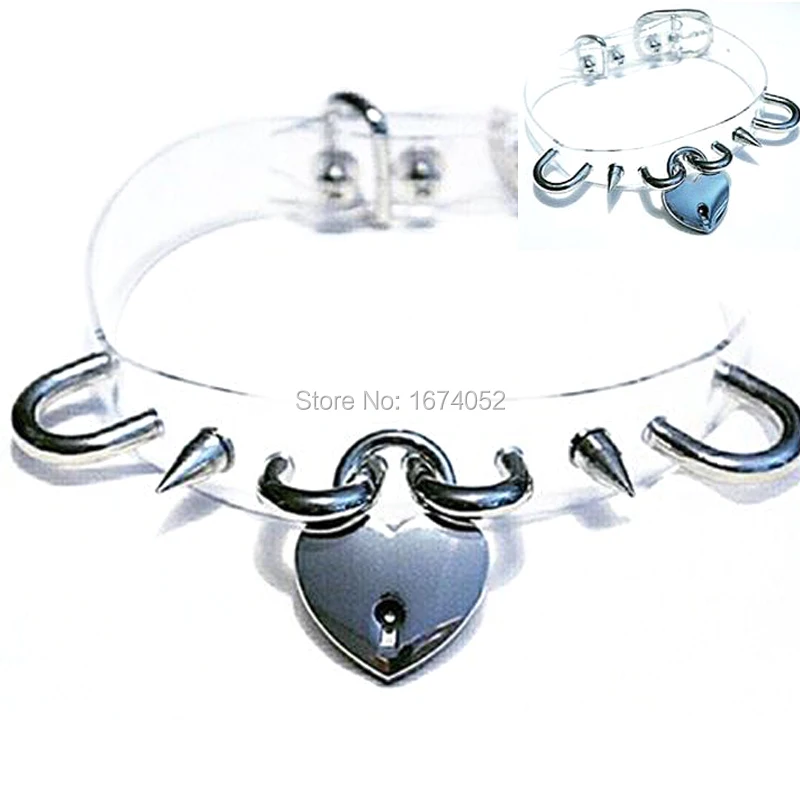 

100% Handmade Heart Lock Padlock Choker Clear PVC Vinyl Transparent Collar Spikes Studded Cosplay Belt Necklace