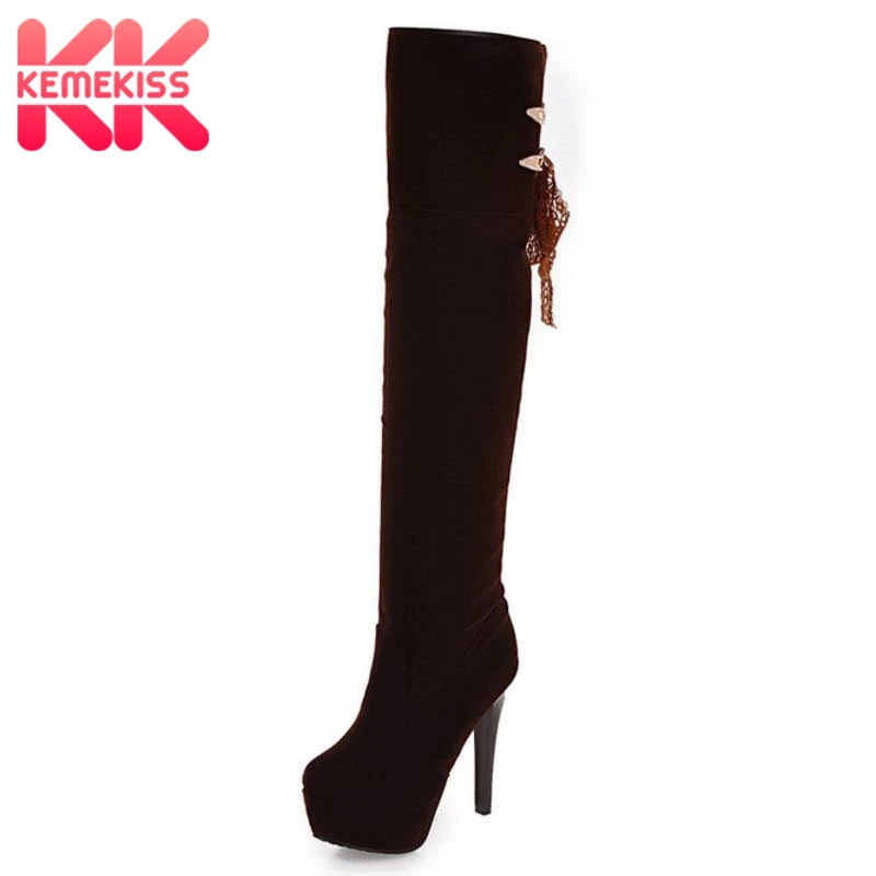 

KemeKiss Size 33-43 Women High Heel Boots Round Toe Platform Metal Buckle Thin Heel Women Over Knee Boots Women'S Shoes