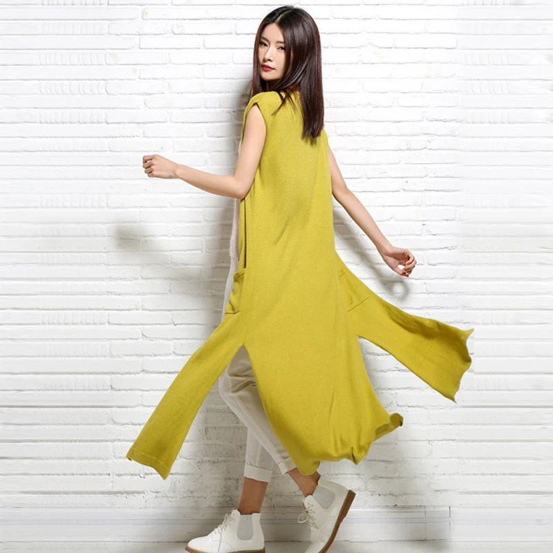Sleeveless Cardigan Wool Green Knitted Summer Vests Women Waistcoat Outerwear V Neck Knit Long Vest Autumn Yellow Blue Mujer