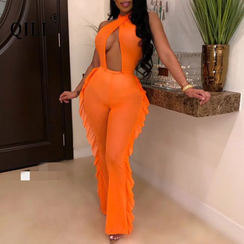 

QILI Sexy Open Chest Backless Mesh Jumpsuits Women Sleeveless Ruffles Wide Leg Long Pants Orange Jumpsuit Party Night Club Wear