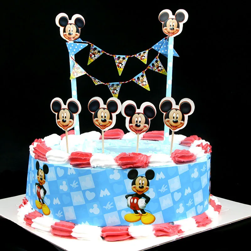 

New Arrival 6pcs/set Lovely Mickey Mouse Cupcake topper Flag wrapper for Kids boys girls birthday party cake decoration