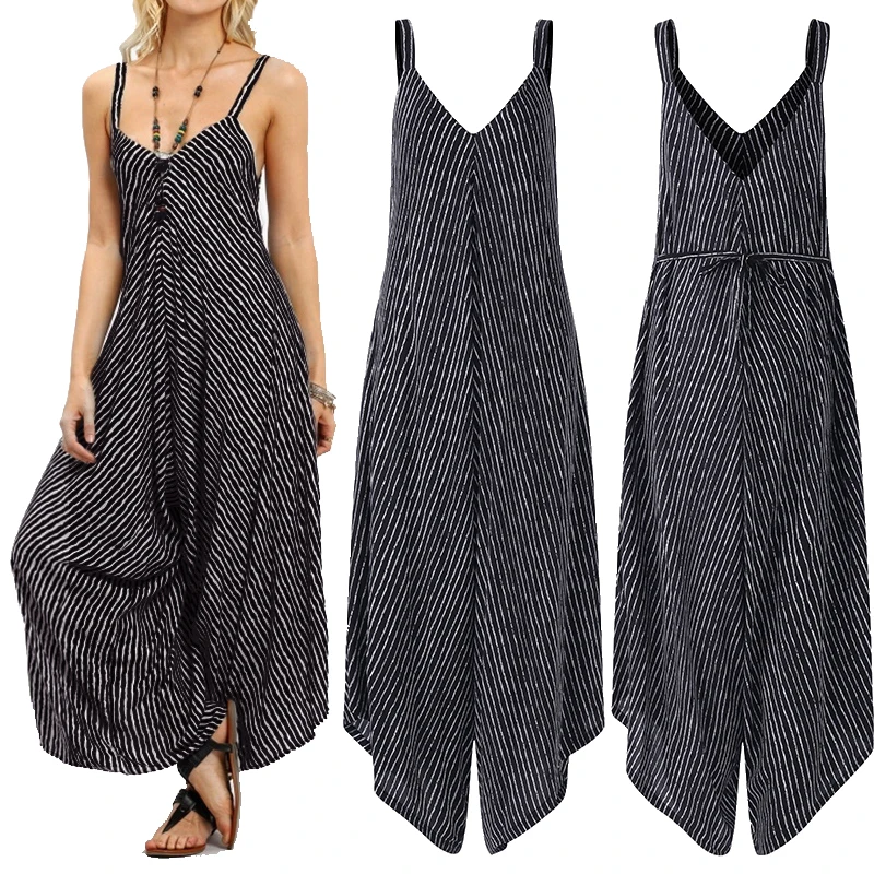Women Pinstriped Sexy Black Romper Party Wide Leg Strapless Playsuits Bohemian Long Casual Jumpsuits Overalls Sleeveless Jumpsuits and Playsuits
