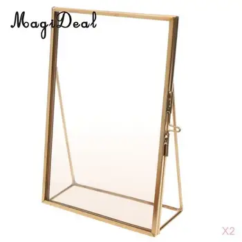 

MagiDeal 2pcs Antique Gold Brass Glass Photo Picture Frame Portrait Home Decor 5x7in