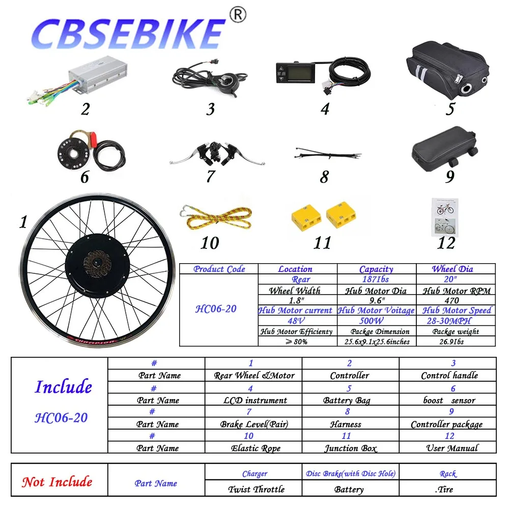CBSEBIKE комплект для переоборудования электрического велосипеда 20 дюймов 36 в 48 в 250 Вт 500 Вт 1000 Вт светодиодный ЖК-дисплей eBike для заднего колеса велосипеда - Цвет: 20inch 48V500W  HC06