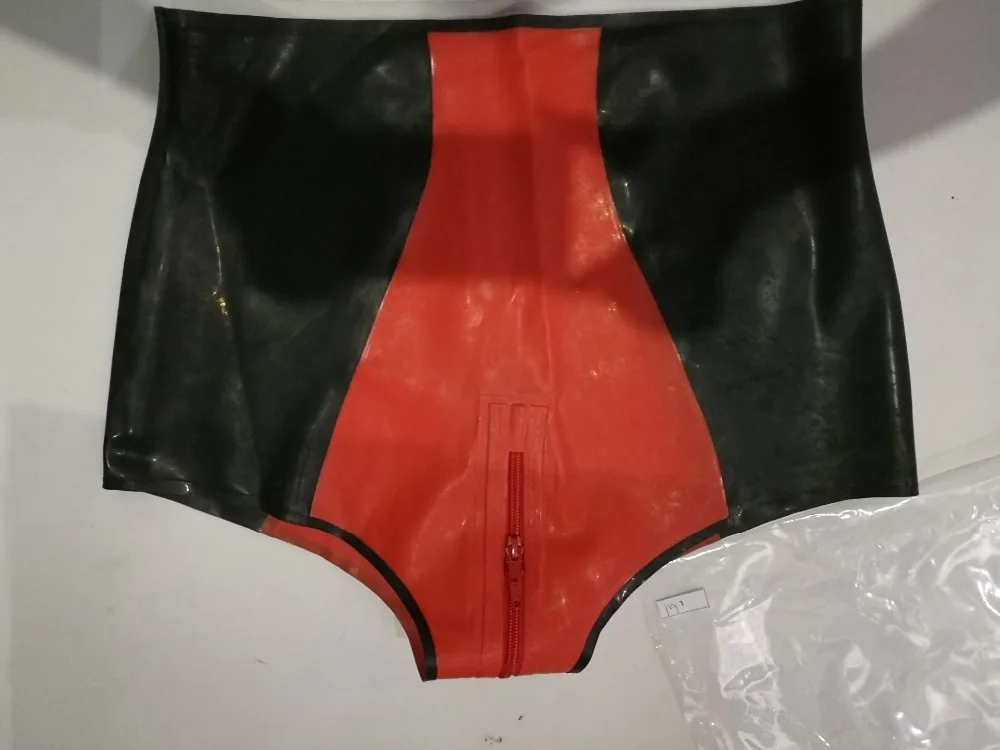 New Handmade Sexy Women Latex Underwear High Waist Black with Red Panties with Two Way Crotch Zipper Made