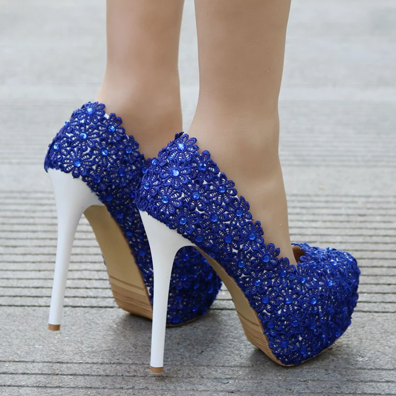 Модные свадебные туфли на высоком каблуке с синими жемчужинами женские танцевальные туфли с круглым носком туфли-лодочки на тонком каблуке, стразы, для дня рождения, XY-B0039