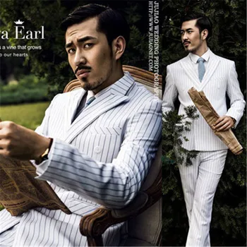 

2018 new white striped suit suits men Korean Slim performance stage host suit two piece suits singer costumes