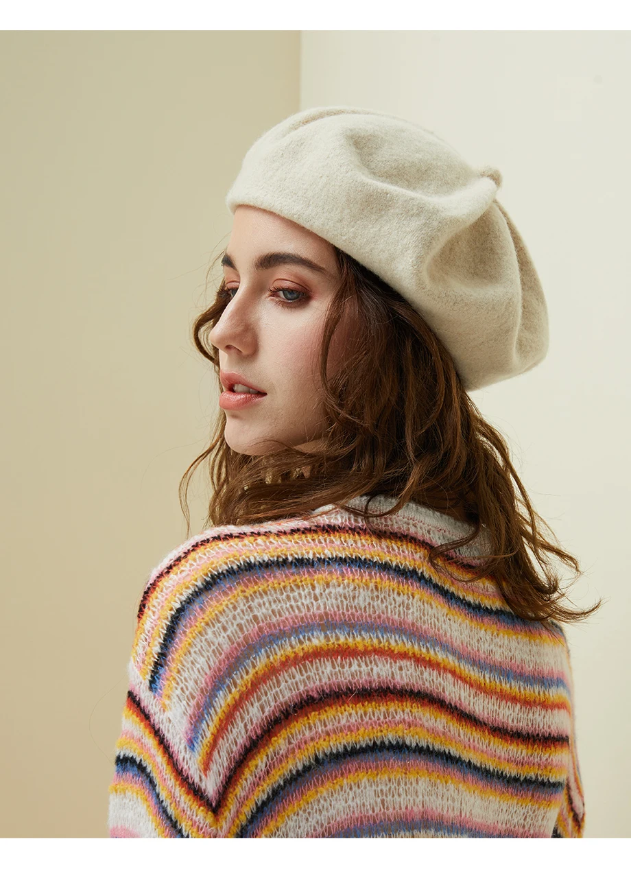 Women Knit Beret 100% Pure Wool Winter Warm Hat Female British Style Lady Painter Bonnet Hats Solid Color Beanie High Quality  (16)