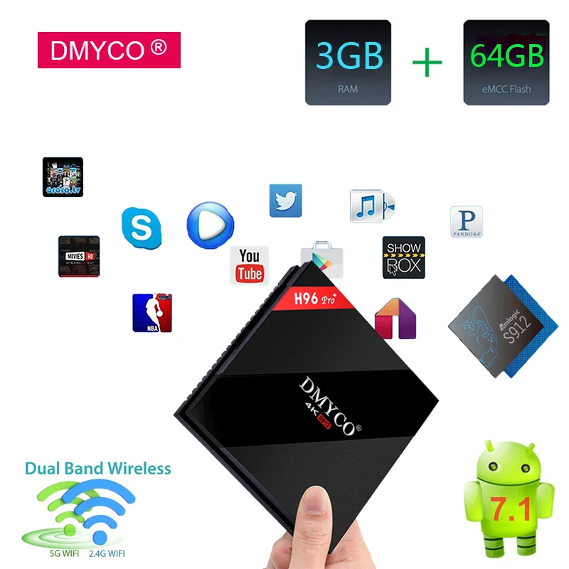 Koop Originele H96 Pro + TV Box Amlogic S912 3 gb 64 gb Octa Core Android 7.1 OS BT4.1 2.4 ghz + 5.0 ghz WiFi Media Player Smart Set Top Box