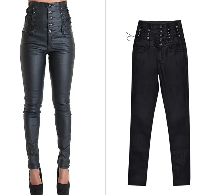 Europe and the United States women's ultra-high waist 5 grain buckle bilateral waist belt decorative coating imitation leather stretch denim feet pants PU (4)