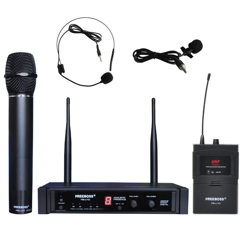 

Freeboss FB-U10H Dual Way Transmitter Digital UHF Wireless Microphone with handheld + Lapel + Headset microphone for Karaoke mic