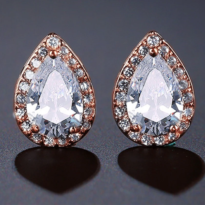 Блестящий белый прозрачный циркониевый Кристальный каплевидный серьги-гвоздики Micro Pave розовое золото с фианитом AAA кубический цирконий серьги распродажа