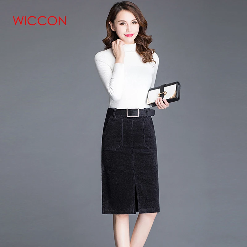 Casual Corduroy Skirts Womens Autumn Winter Black Brown Knee-Length High Waist Skirt Plus Size 3XL Ladies Slim Straight Skirt