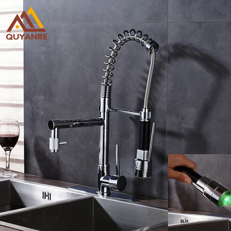 Bright Chrome Spring Sink Faucet Two Water Out Spout RGB Light Changing