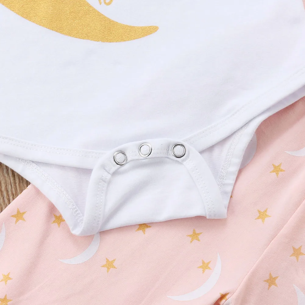 Детская одежда для малышки, 3 предмета, г., новые белые боди с принтом Луны, топы, однотонные розовые длинные штаны повязка на голову, комплект одежды для новорожденных