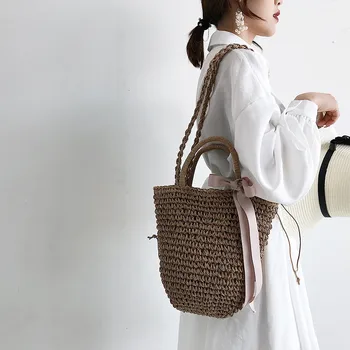 

Women Vintage Handmade Fashion Summer Beach Wild Chain Messenger Shoulder Weaving Bag Solid Vacation Woven Casual Bags